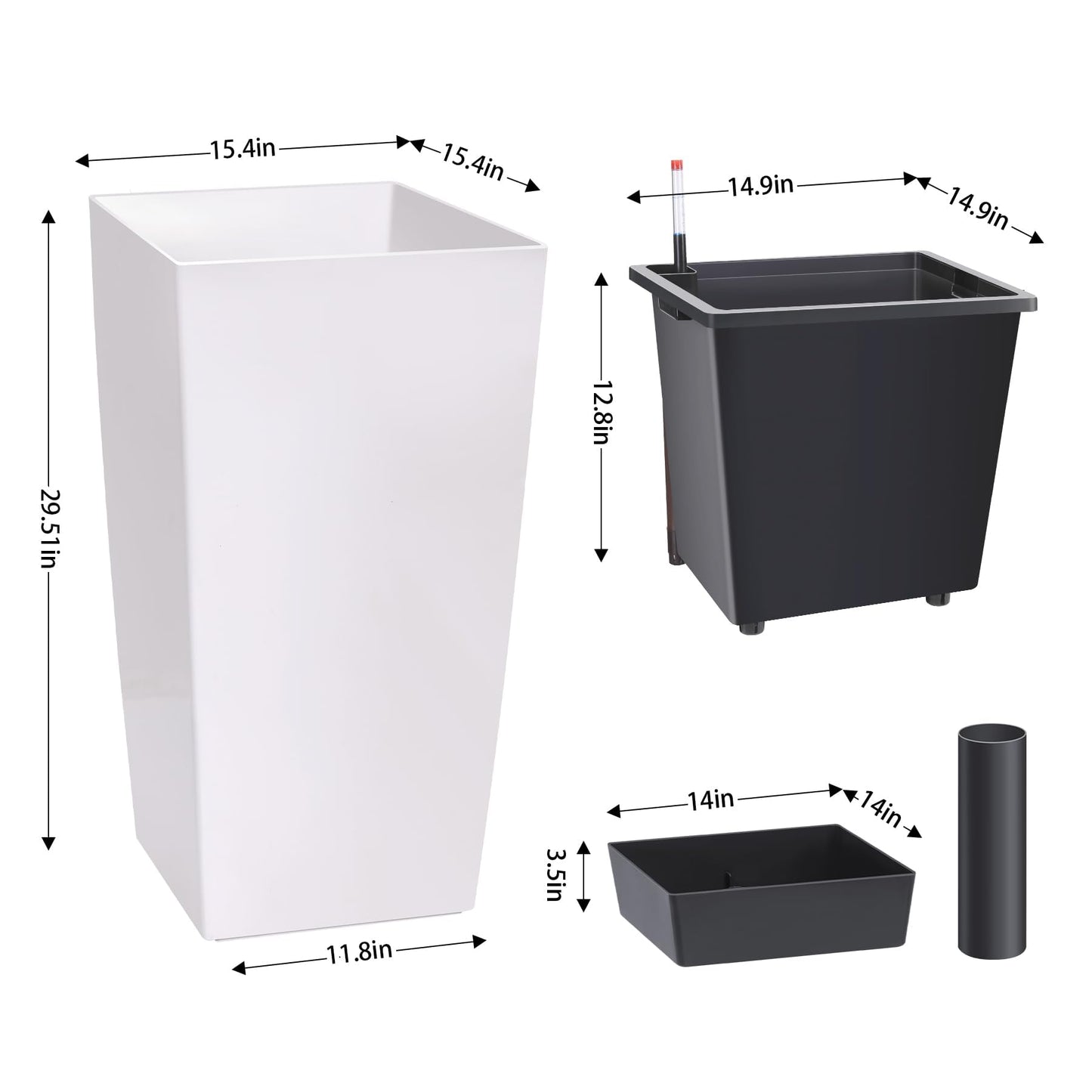 30 Inch Tall Self Watering Planters Set of 2, Outdoor Plant Pots with Automatic Watering System, Water Level Monitor, Drainage, Wheels & Inner Bucket, for Front Porch & Indoor Plants White