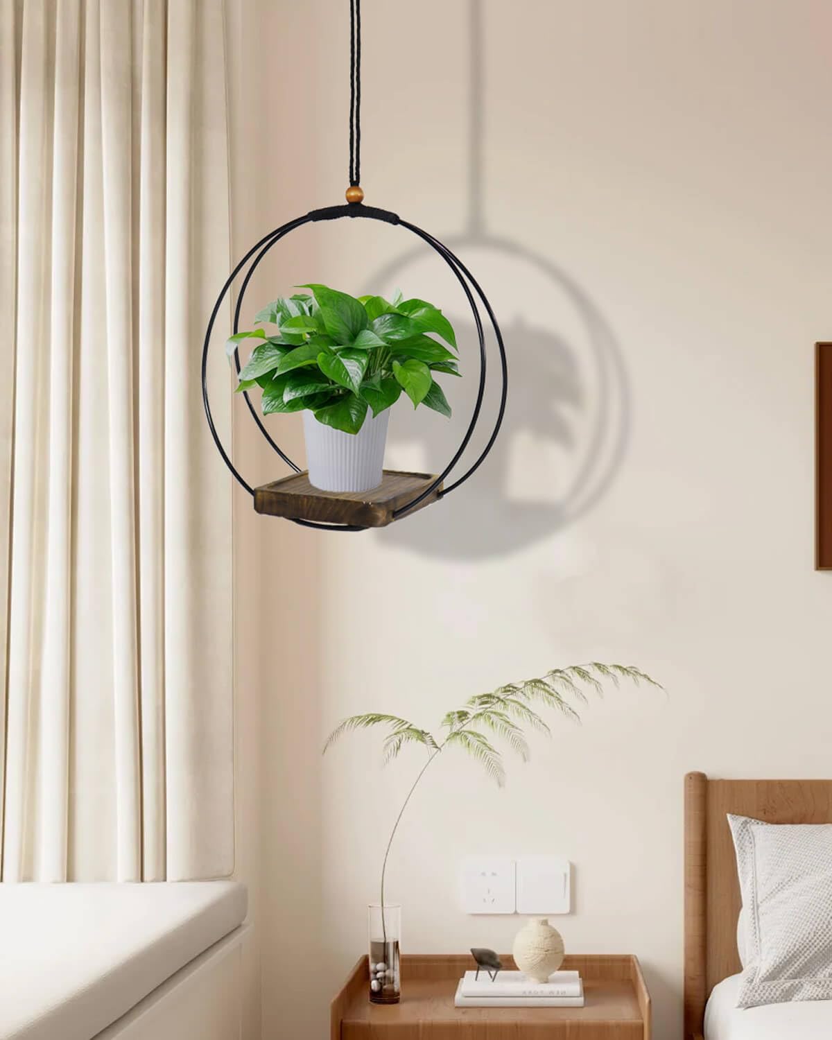 vensovo Hanging Planter for Indoor Plants - 1 pcs Plant Hanger Indoor with Metal Ring and Sturdy Wood Base, Boho Hanging Planter for Wall/Window/Room Decor