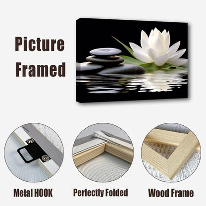 LZIMU Zen Canvas Wall Art White Lotus and Black Zen Stones Bloom in Water Picture Prints for Yoga Spa Meditation Spiritual Room Bathroom Decor (Zen-1, 12"x18")