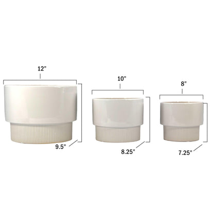 Galt International Set of 3 (8", 10", 12") Mid Century Modern Off White Flat Ribbed Ceramic Planter Pots Flower Pot Indoor House Plants Decor w/Drainage Hole & Plug