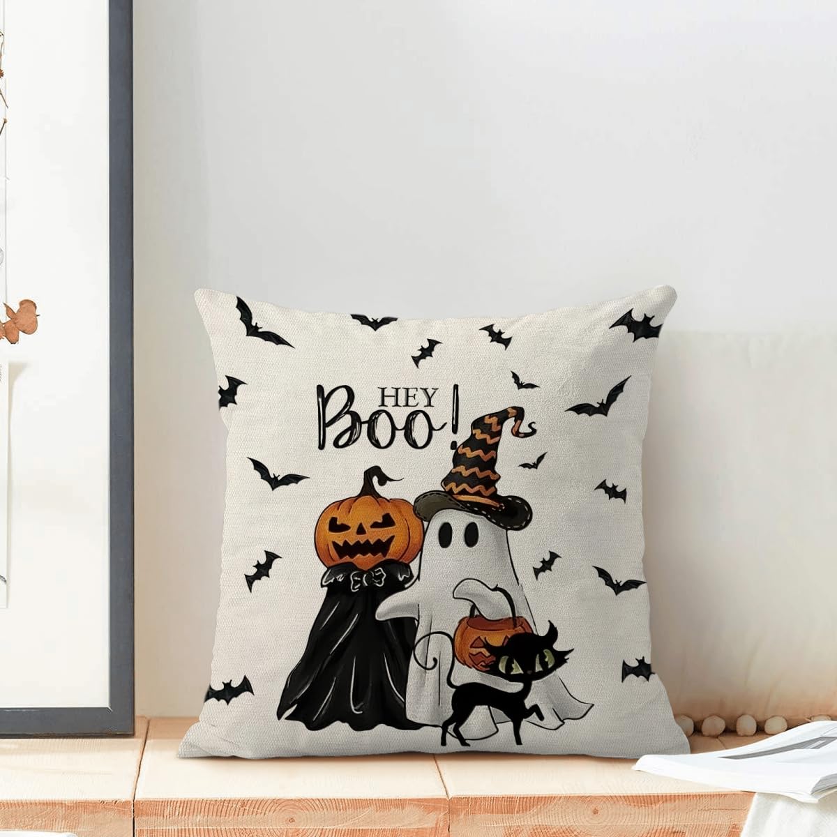 Halloween Pillow Covers 18 x 18 Inch Set of 2 Hey Boo Ghost Spooky Jack-O'-Lantern Pumpkin Throw Pillows Outdoor Decorative Black Cat Bats Pillowcases Linen Cushion Cases for Home Bed Sofa Couch