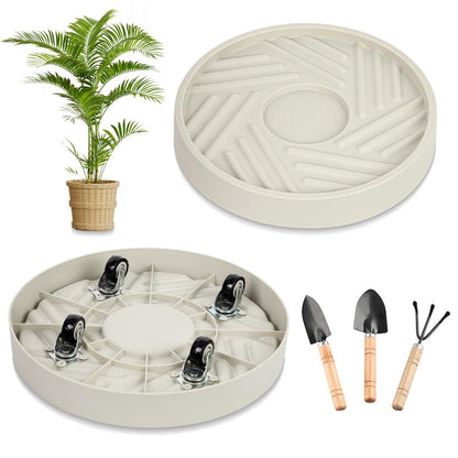 UoeRing 2 Pcs Plant Caddy with Hidden Wheels （1 10" and 1 11"） Heavy Duty Rolling Plant Stand, Indoor Outdoor Plant Saucer Tray with $9.9 Garden Tools (Beige)