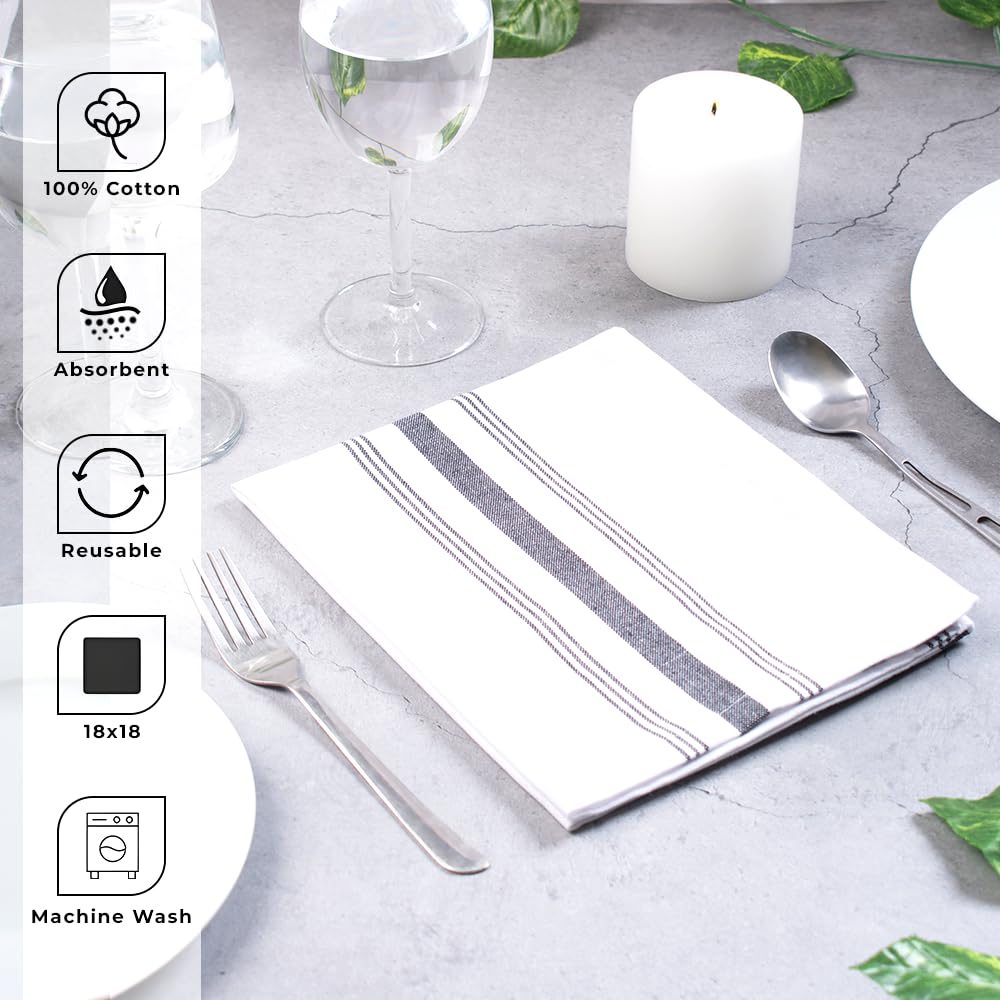 Blue Needles Set of 12 French Stripe Dinner Table Napkins 100% Cotton Napkins, 18x18 Inch, Absorbent, Soft, Reusable & Washable Restaurant Hotel Quality Spring Summer & Everyday Use - Black