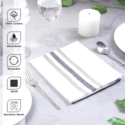 Blue Needles Set of 12 French Stripe Dinner Table Napkins 100% Cotton Napkins, 18x18 Inch, Absorbent, Soft, Reusable & Washable Restaurant Hotel Quality Spring Summer & Everyday Use - Black