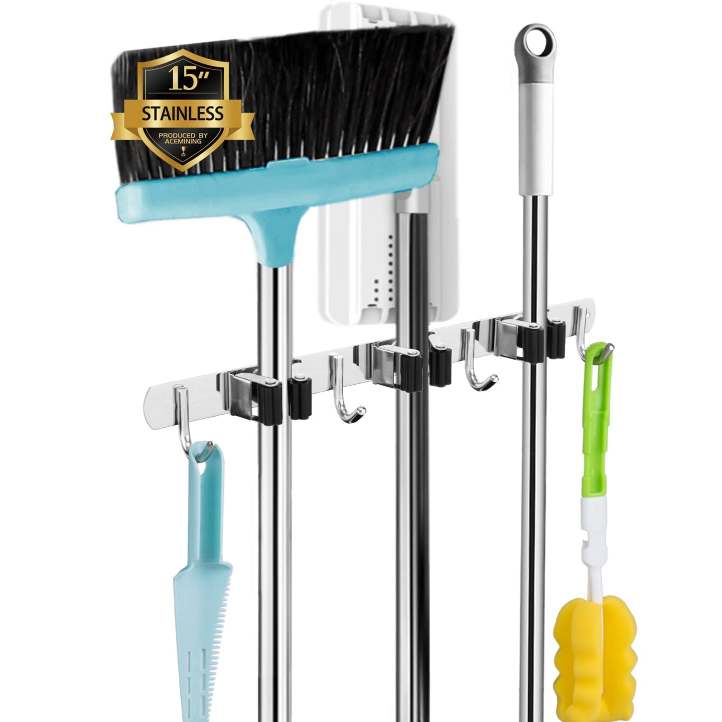 AceMining 5 Racks and 4 Hooks Mop and Broom Holder Wall Mount, Broom Organizer Storage Tool Racks Stainless Steel Heavy Duty Hooks Self Adhesive Solid Non-slip for Home Kitchen Garden Laundry Garage