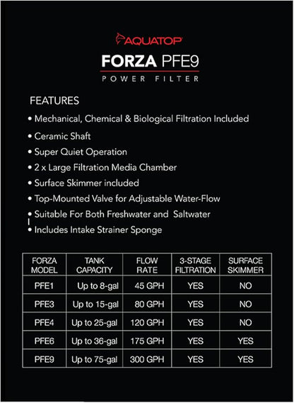 Aquatop Forza Power Filter Surface Skimmer for Aquariums - Adjustable Flow Rate - 40-80 Gallon - Includes Mechanical, Bio-Chemical Filtration