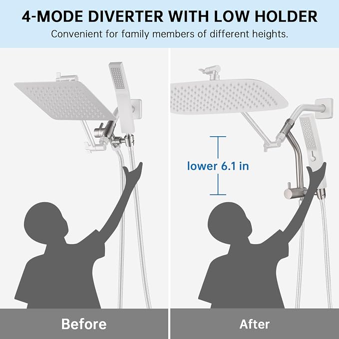 G-Promise All Metal 14 Inch Rain Shower Head with Massage Mode Handheld Spray Combo, 3-Way Diverter with Pause Setting, Full Body Coverage, Modern Bathroom Upgrade (Brushed Nickel)