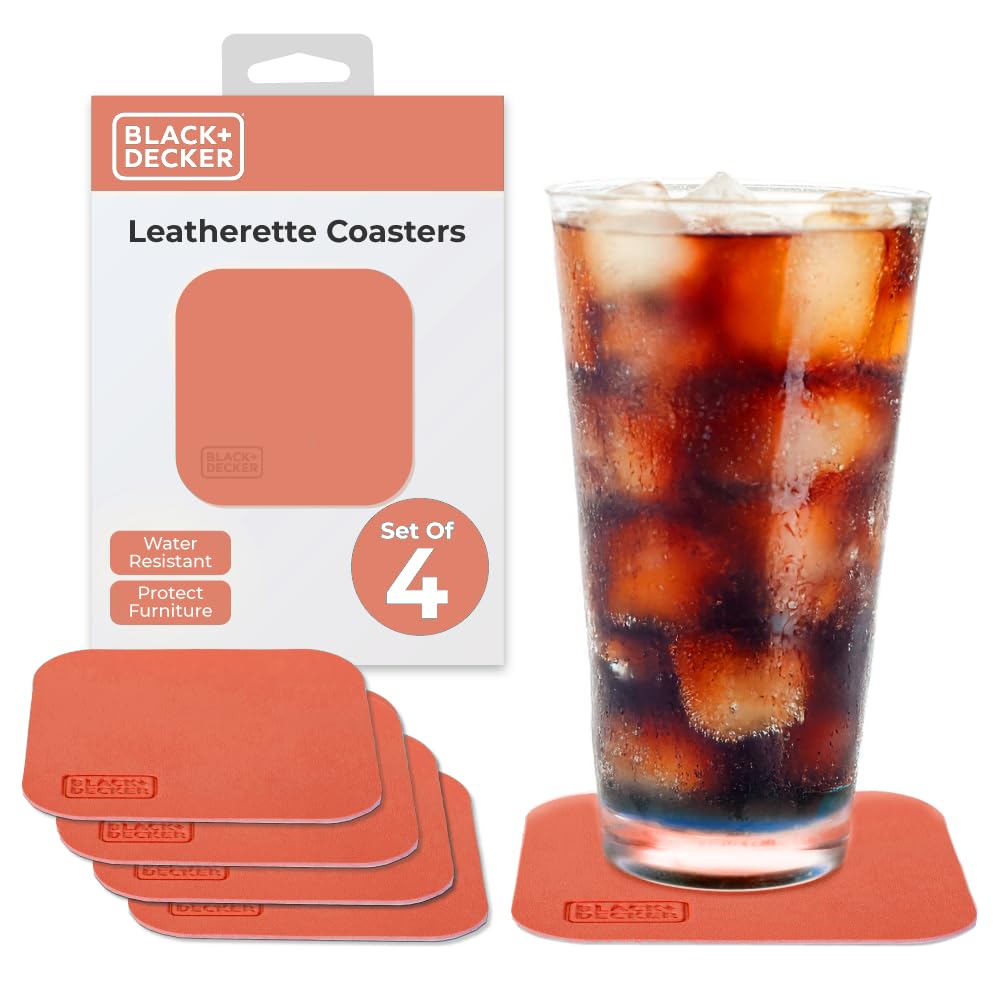 BLACK+DECKER Square Coasters Set of 4, Water-Resistant Coasters for Drinks, Flexible Durable 4" Drink Coaster for Tabletop Protection, Coffee Table Decor Ideal for Home Decor (Coral Rose)