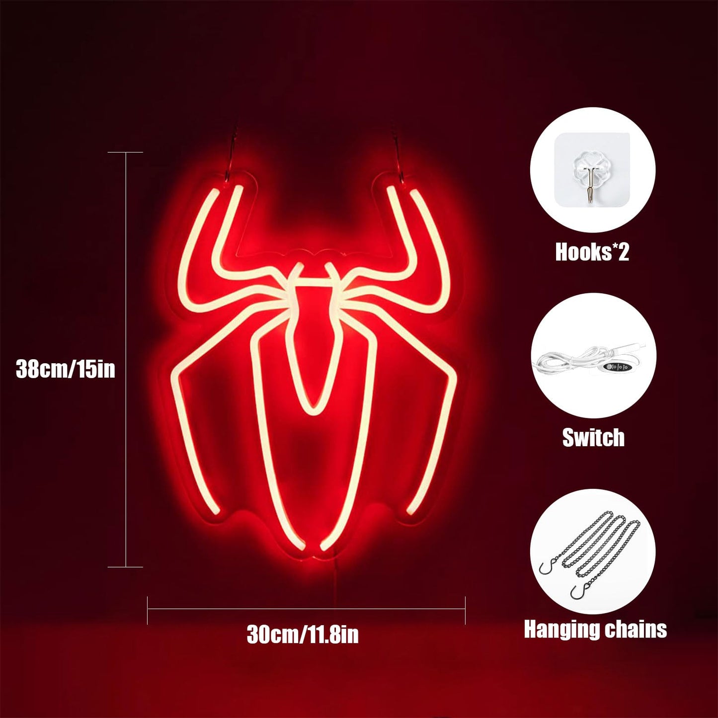 Spider Neon Sign Lamp - 10 Level Dimmable Spider Wall Decor Night Light with USB Power for Boys Room, Bedroom, Gaming Room, Anime Neon Sign, Happy Birthday Gift for Kids and Boyfriend