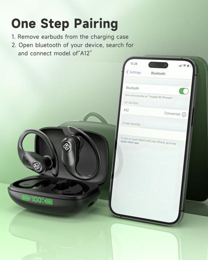 Wireless Earbuds Bluetooth Headphones 96H Playtime LED Display Waterproof Built in Mic Deep Bass Sound Secure Over Ear buds Earhooks for iPhone Android Samsung Cell Phones Sport Running Workout Gaming