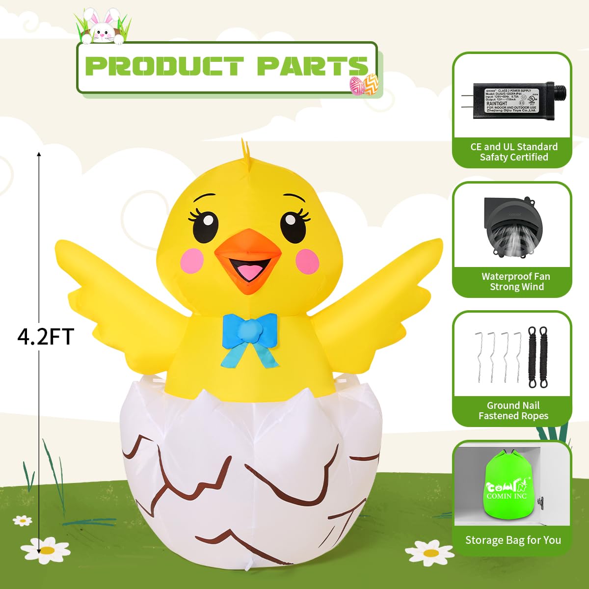 COMIN 4.2 FT Easter Chick Inflatables Take Outdoor Decorations Blow Up Yard with Built-in LEDs for Indoor Party Garden Lawn Decor