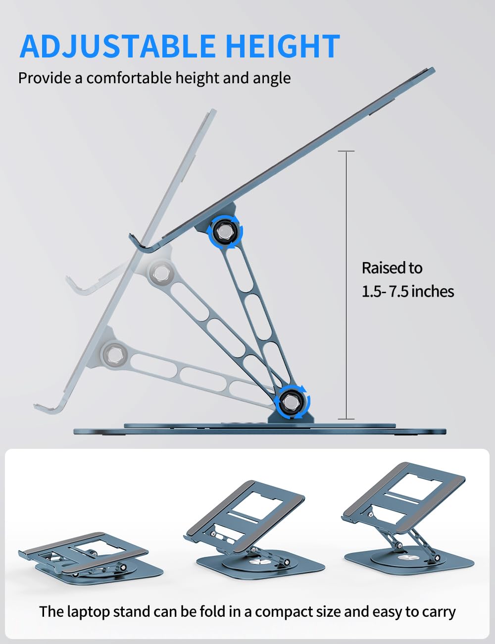 Adjustable Computer Stand with 360 Rotating Base, Ergonimic Foldable Laptop Riser for Desk Compatible with MacBook Pro/Air Notebook up to 16 Inches, Silver