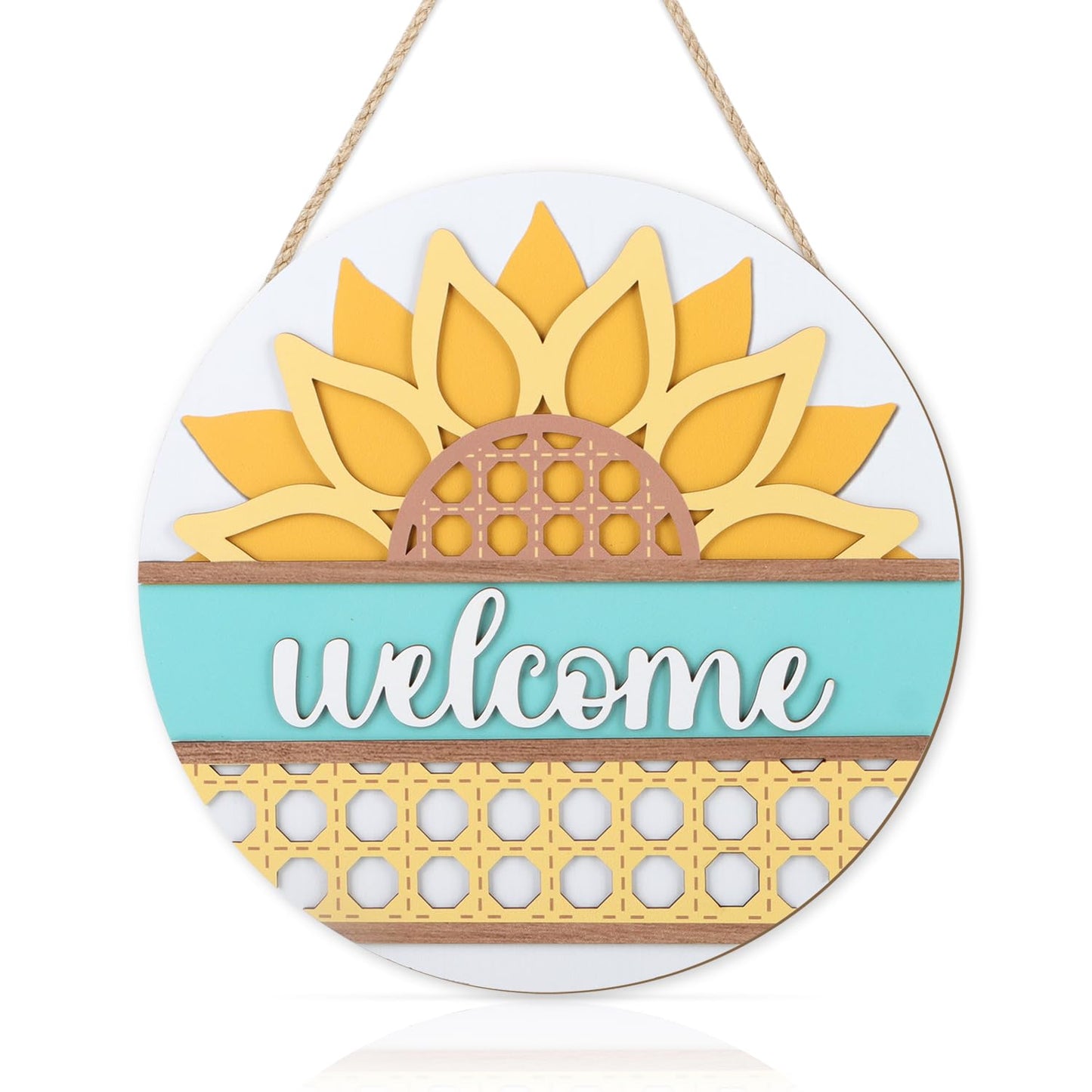 HOURIA 3D Summer Sunflower Welcome Door Sign,11.4 Inches Yellow Flower Summer Wood Wall Decor,Farmhouse Sunflower Decorations for Home,Office,Wreath,Indoor,Outdoor