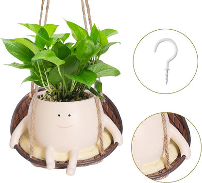 NINIPAPA Hanging Swing Chair Planter Pot Smile Face Plant Pot for Indoor Outdoor Plants Cute Head Flower Pots for Succulent String of Pearls Unique Gift on Mother's Day, Birthday, Christmas