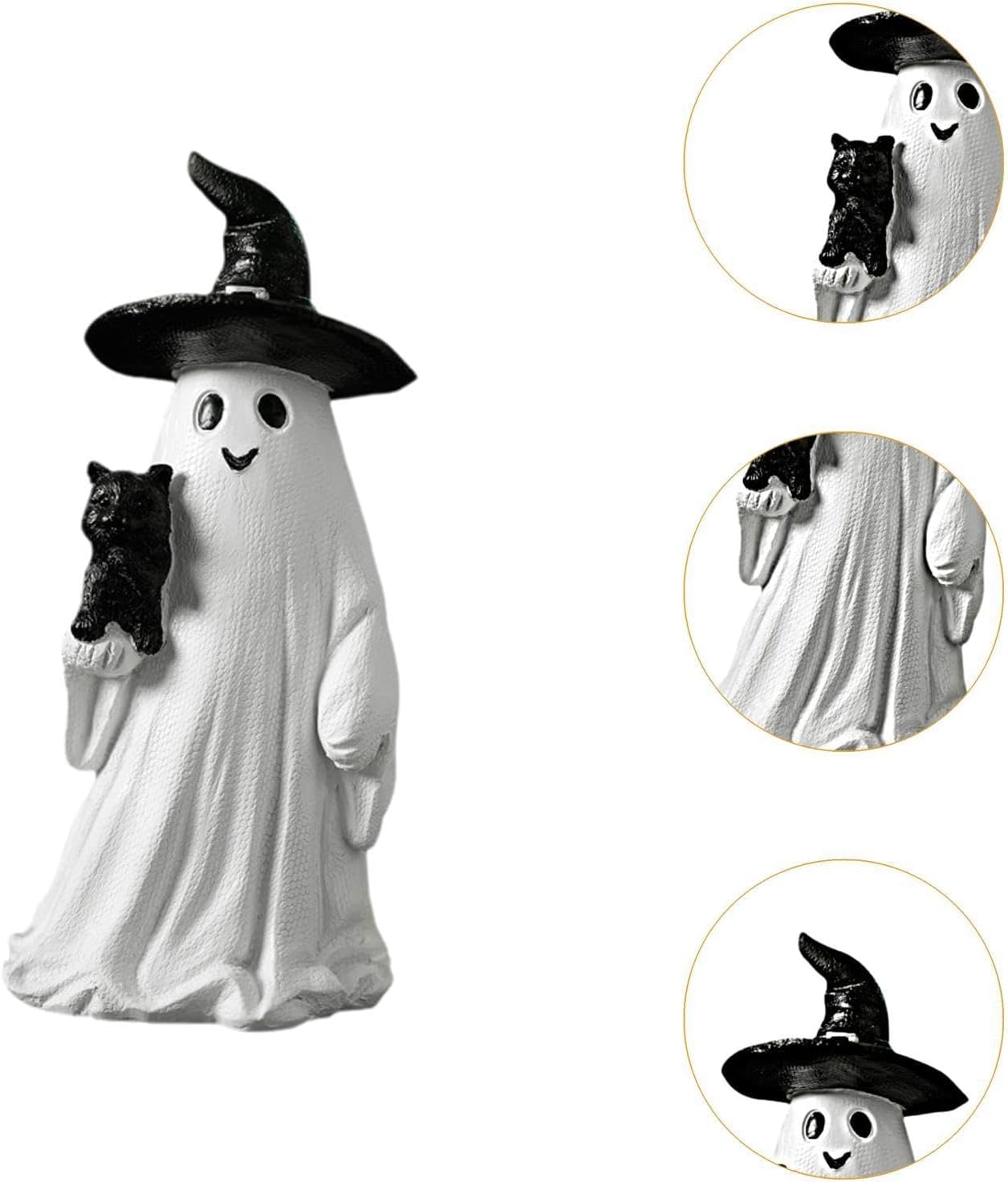Garkria Resin Halloween Ghost Black Cat Figurine Miniature Ghost and Black Cat Statue Collectible Tabletop Ornaments for Halloween Home Party Decor - White