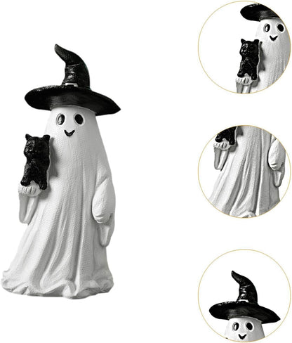 Garkria Resin Halloween Ghost Black Cat Figurine Miniature Ghost and Black Cat Statue Collectible Tabletop Ornaments for Halloween Home Party Decor - White