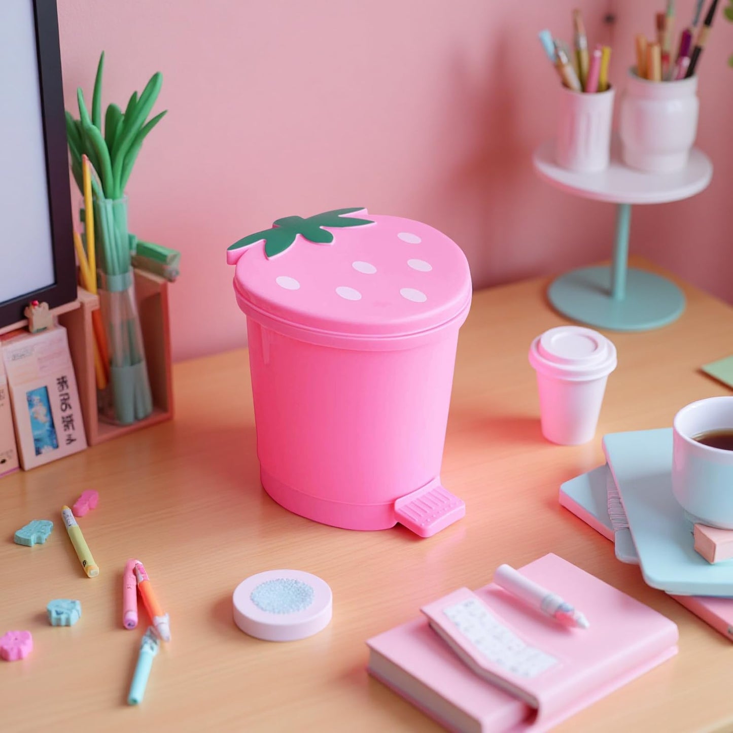 BxuxJar Strawberry Trash Can, 1 Gallon Small Pink Trash Cans with 0.3 Gallon Mini Garbage Can, Cutecore Room Decor Kawaii Cute Trash Can for Bedroom with 2 Rolls Garbage Bag and 3D Cartoon Stickers