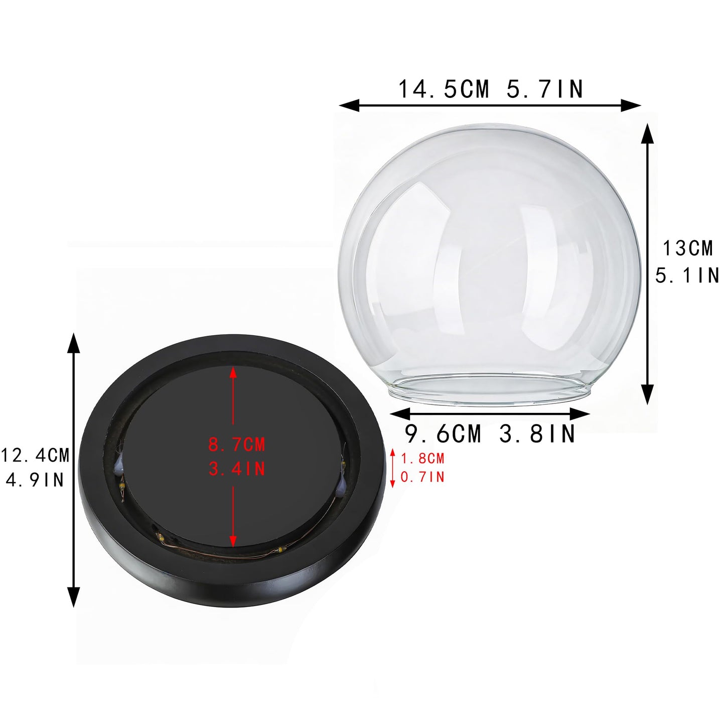 6inch Round Glass Cloche Display Dome with Black LED Lights Base Decorative Glass Display Bell Jar for Plants Keepsakes Collectibles