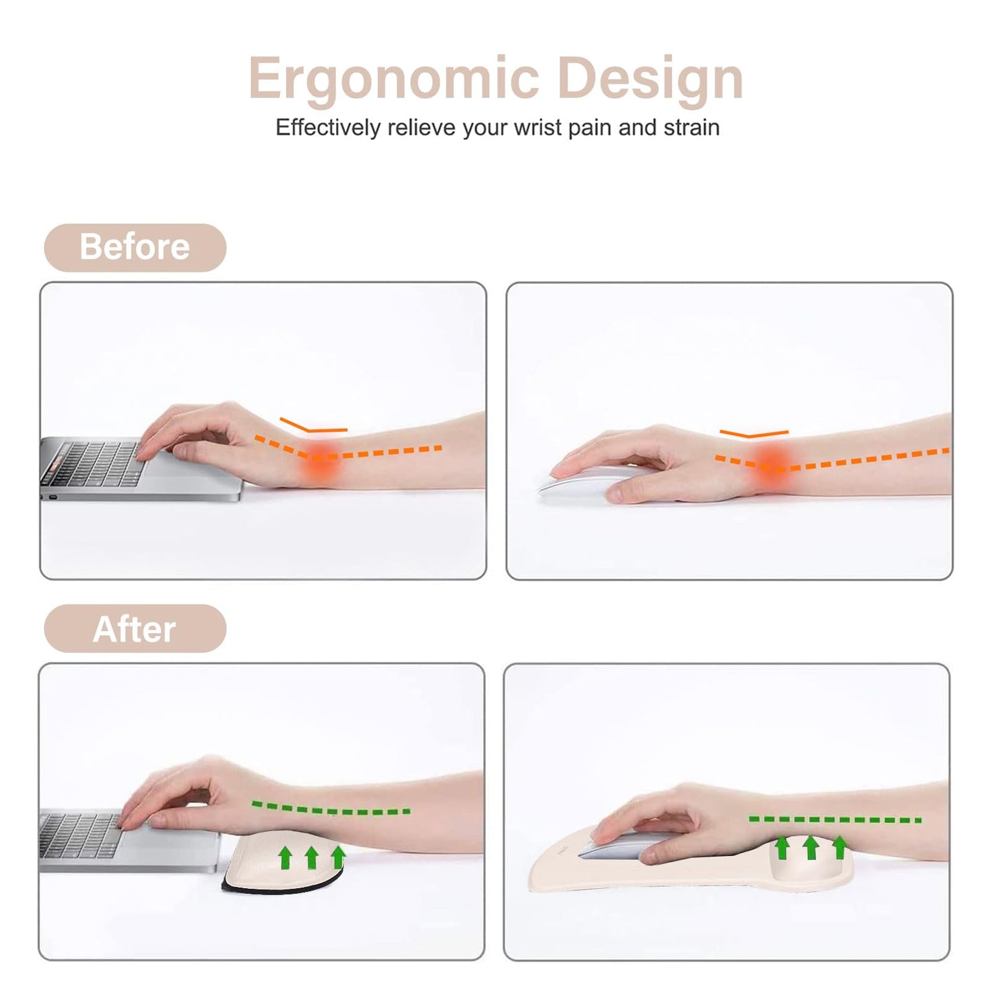 MOSISO Wrist Rest Support for Mouse Pad & Keyboard Set, Ergonomic Mousepad Non-Slip Base Home/Office Pain Relief & Easy Typing Cushion with Neoprene Cloth & Raised Memory Foam, Apricot