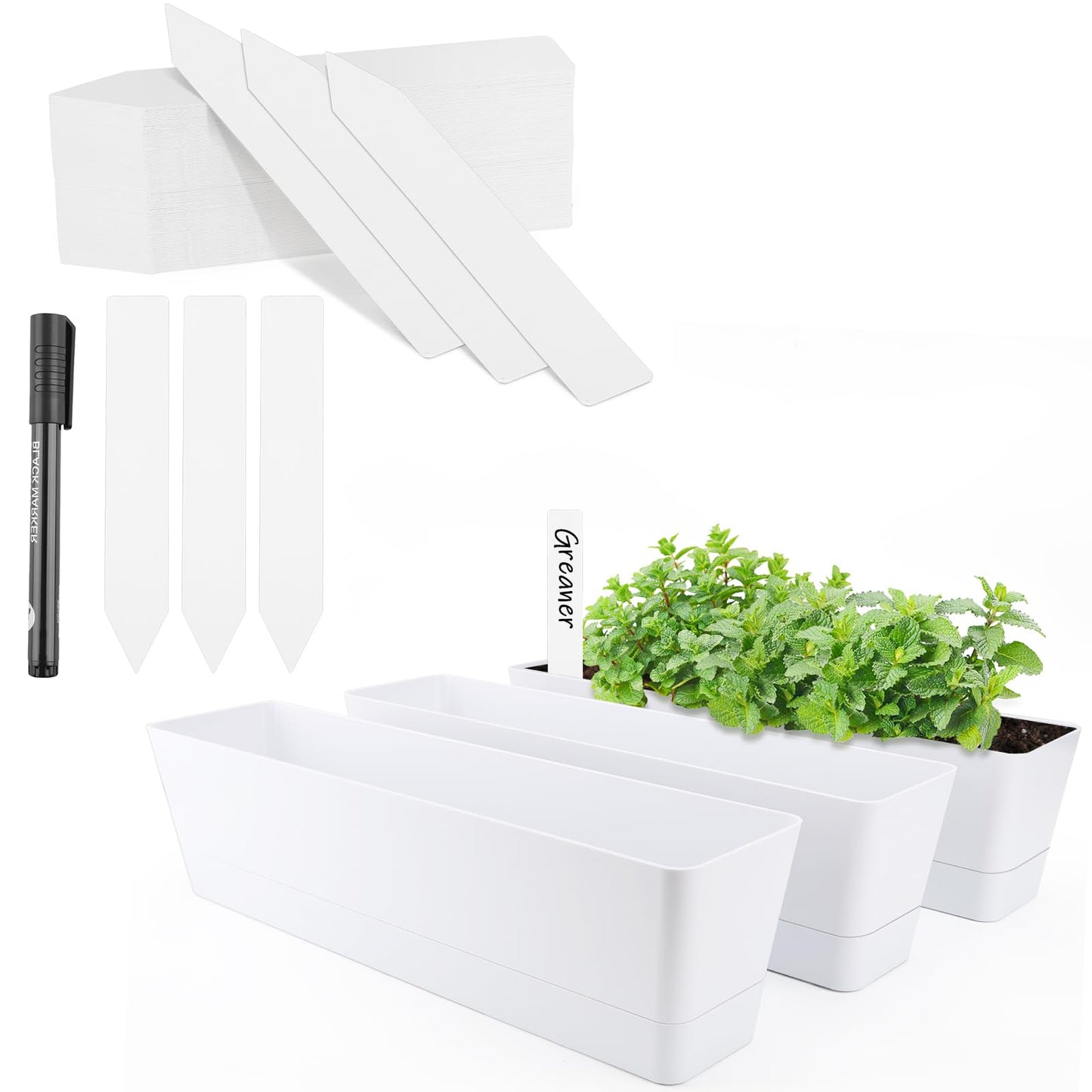 GREANER Window Boxes Planters with 100PCS 6inch White Plant Label, 3PCS 16x3.8 Inch Large Herb Planters with Tray, Indoor Succulent Cactus Flowers Vegetable Plastic Rectangle Pots for Balcony, Office,