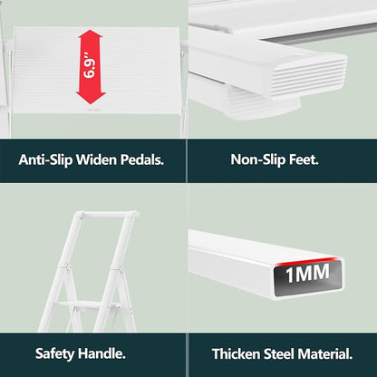 WOA WOA 4 Step Ladder, Ladders for Home, Anti-Slip Aluminum Pedals, Step Stool Foldable, Lightweight to Move, Ease of Storage, Reach 9ft for Closet Kitchen Library, Hold 300lbs - White
