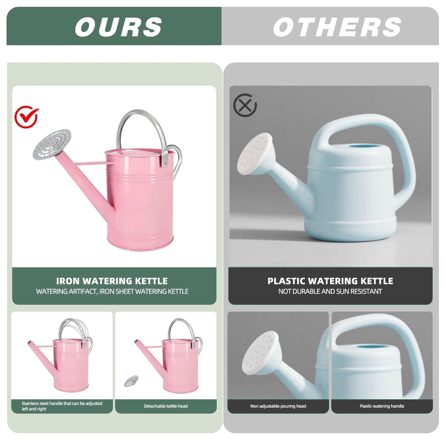 Metal Watering Can for Outdoor Plants, 1.7 Gallon Pink Garden Watering Can for Flower, Houseplants, Galvanized Finish