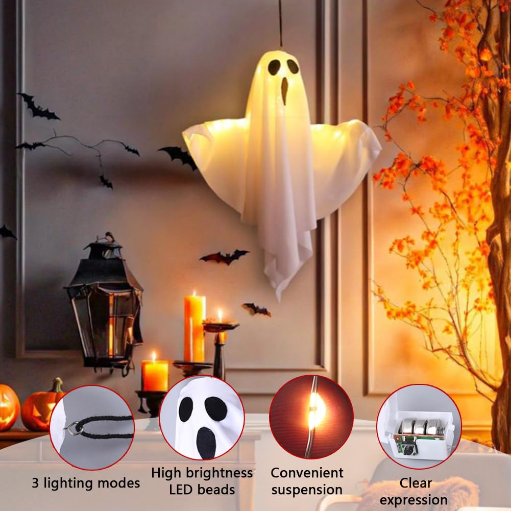 4Packs Halloween Ghost Decorations Halloween Hanging Ghosts with Light Strings String Lights Battery Operated Halloween Decor Spooky Ghost Ornaments for Home Tree Garden Yard (White)