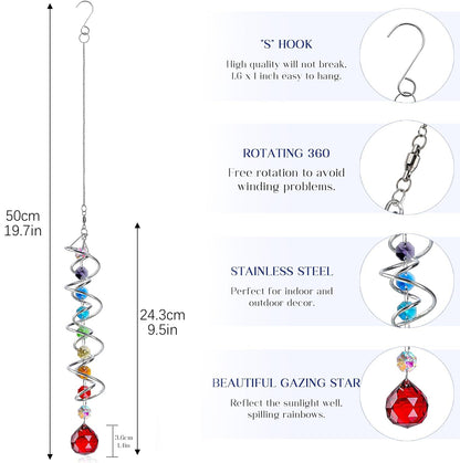 H&D HYALINE & DORA 7 Pack Crystal Suncatchers for Windows Hanging Gazing Ball Spiral Tail Wind Spinners Stainless Steel Hanging with Swivel Hook for Yard and Garden Indoor Home Decor