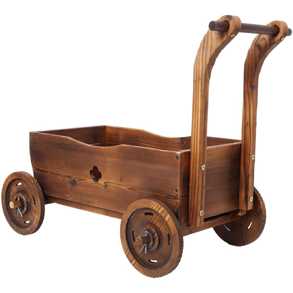 Endvler Wooden Garden Wagon Decor with Wheels, Mobile Garden Planter with Handle and Drain Hole, Decorative Wagon Cart Rustic Flower Planter Flower Cart for Patio, Garden, Balcony (Style B)