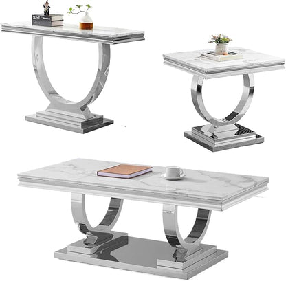 3 Piece Living Room Table Set Include 1 Faux Marble Coffee Table & 1 End Table & 1 Console Table, Modern White Silver Coffee Table Set of 3 with Double O Shape Stainless Steel Pedestal Base