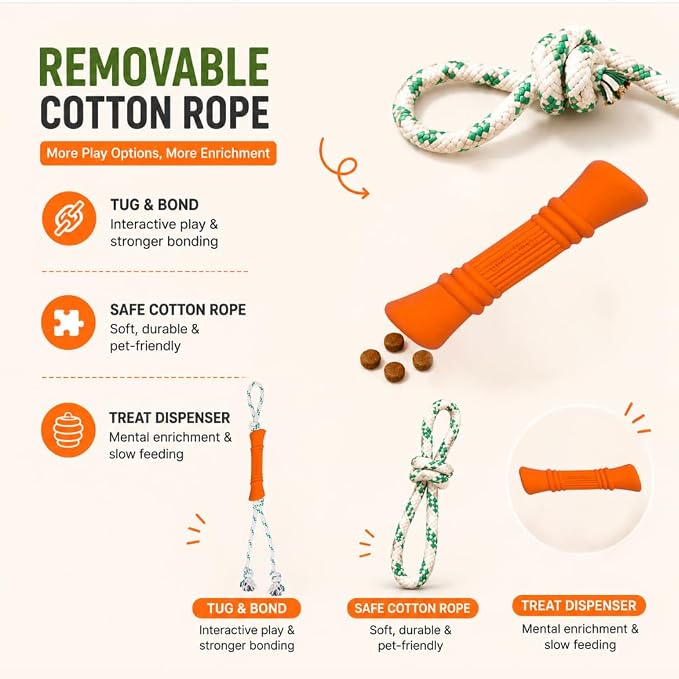 Green Sheep Tug & Enrichment Dog Toy, Interactive Rope Bone Toy with Removable Cotton Rope, Treat Dispensing Natural Rubber Dental Chew Toy for Medium and Large Dogs, Orange