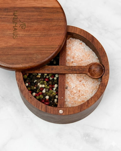 Acacia Wood Salt and Pepper Bowl Set with Swivel Magnetic Lid & Spoon Eco-Friendly Kitchen Countertop Organizer Moisture-Proof Storage for Sea Salt, Spices, Herbs Natural Wood