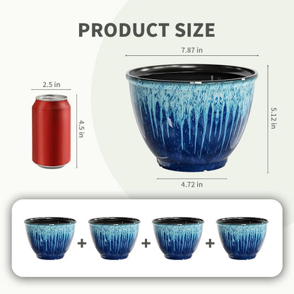 Flower Pots, 8 Inch Plastic Plant Pots for Plants, Set of 4 Planter for Indoor Outdoor Plants with Drainage Hole, Sleek Small Nursery Planting Pot for Home Garden Outdoor Planters(Blue Glaze)