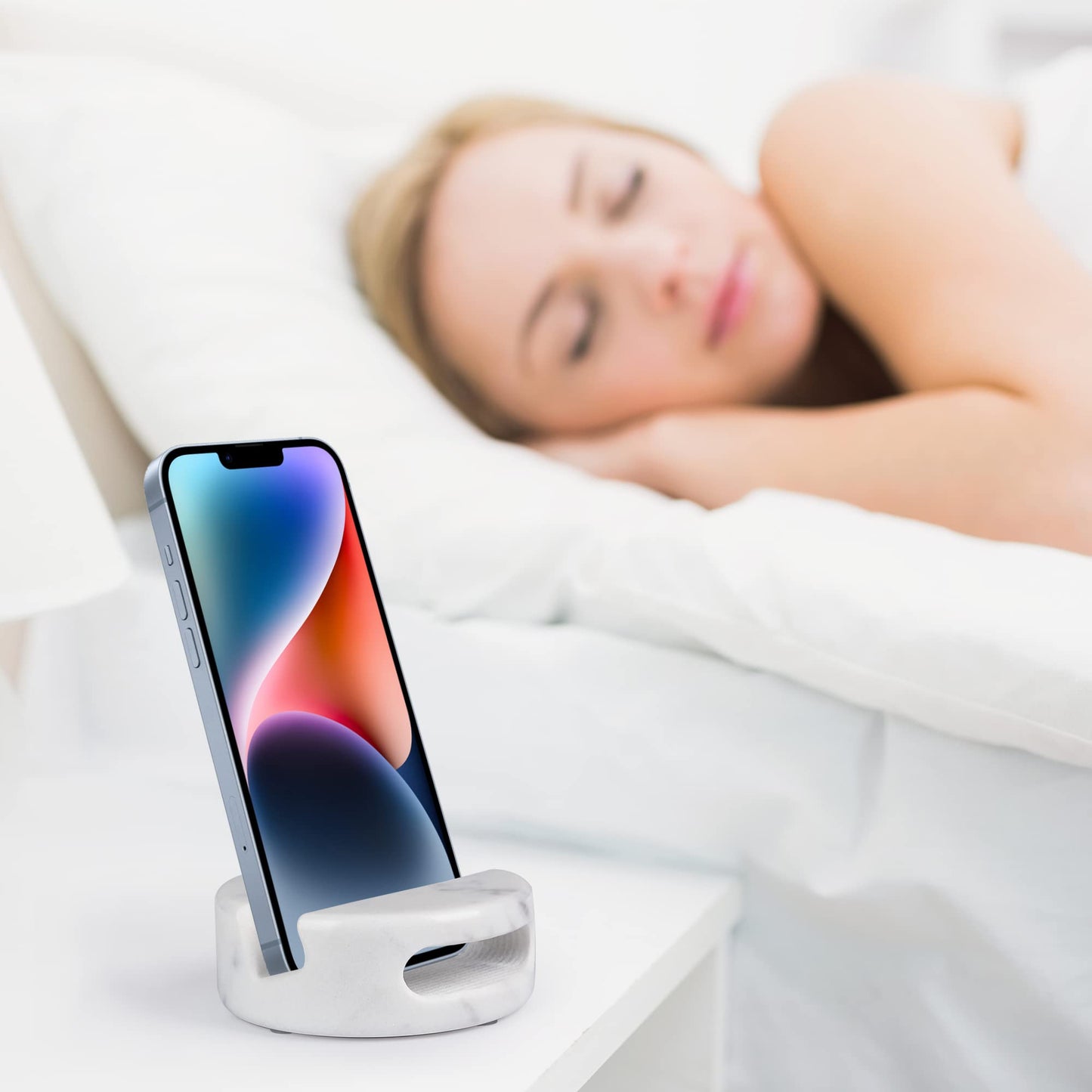 CHISELED ST DF SK Elegant and Versatile White Marble Phone Stand with Sound Amplified Output iPhone Phone Holder Function for Office Desk,Kitchen Counter,Bathroom,and Bedside