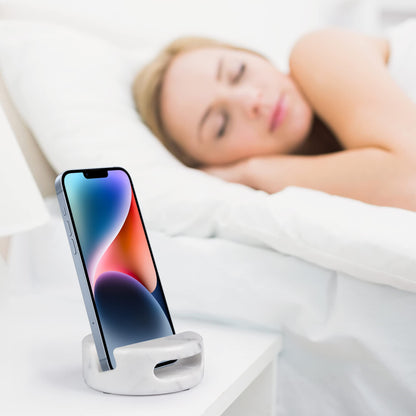 CHISELED ST DF SK Elegant and Versatile White Marble Phone Stand with Sound Amplified Output iPhone Phone Holder Function for Office Desk,Kitchen Counter,Bathroom,and Bedside