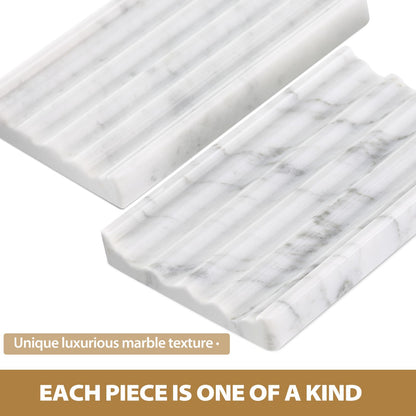 2PCS Koville Italian Natural Marble Soap Dish for Shower, Stone Soap Tray for Bathroom, Bar Soap Holder for Sink, Stripe Grooves Saver Keep Bars Dry Easy Clean (Bianco Carrara)