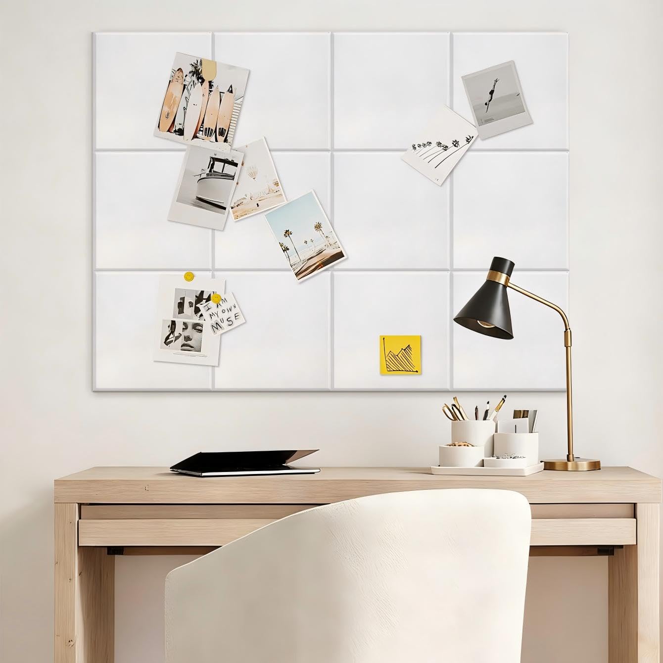 Chejiaye Vision Board for Photo&Pictures,Felt Message Wall Panel 6Pcs11.8"x11.8"Self-Adhesive,Removable Cork Board Bulletion&Poster Board for Office Classroom Decor Hanging File Folders,White