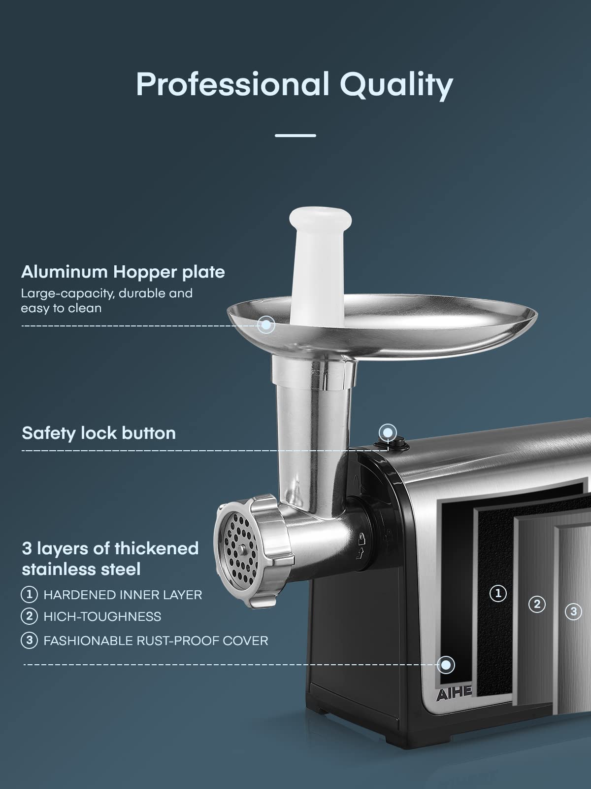 Electric Meat Grinder, Sausage Stuffer with 3 Sausage Tubes, 2 Blades, 3 Plates, 3200W Max, Meat Grinder Heavy Duty for Home Kitchen Use, Stainless Steel (Black)