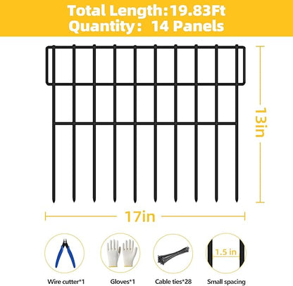 ULIOK 14 Panels Garden Fence Animal Barrier, Animal Barrier Fences No Dig Fence, 19.83ft(L) x 13in(H) Dog Fencing Rabbit Fences, 1.5in Spike Spacing Rustproof Metal Fences Border for Outdoor Yard