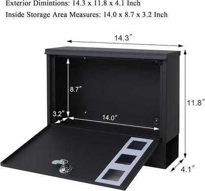 Locking Mailbox Wall Mount for Outside– Jssmst Mailboxes with Key Lock for Front Door Fence, Large Capacity Letter Box, 14.3 x 4.1 x 11.8 Inch, Black, SM-HPB911BN