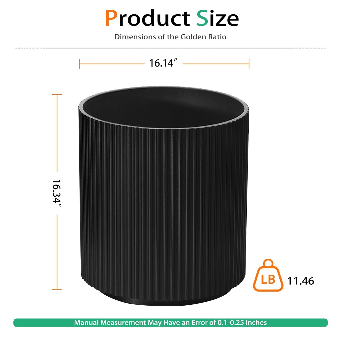 Heyzier Round Planter Outdoor Indoor, Large Plant Pots for Porch, Patio, Backyard, Modern Decor for Tall Plants, Flowers (Vertical Black, 16 inch - 2 Pack)