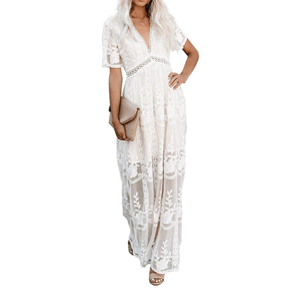 Womens Deep V Neck Short Sleeve Floral Lace Dress Long Bridesmaid Maxi Dresses