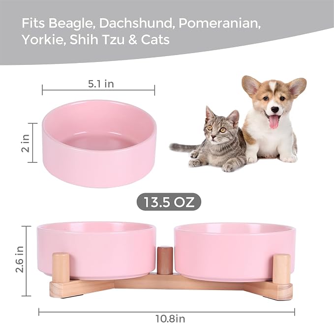 Ceramic Dog Bowls for Small Size Dogs, Cat Food and Water Bowl Set with 15° Adjustable Wood Stand, Raised Non-Slip Pet Bowls, Dual Feeder for Cats & Small Dogs, Matte Glaze 13.5oz Set of 2(Soft Pink)