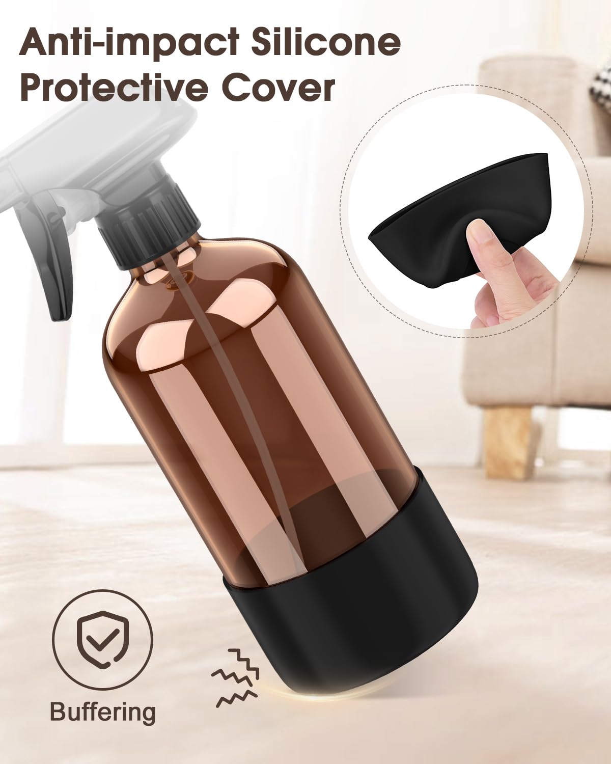 Bontip Glass Spray Bottle with Silicone Sleeve Protection, Amber Glass Spray Bottle Set for Window Cleaner Aromatherapy Facial Hydration Watering Flowers Hair Care 2 Pack/16 oz (Black & Grey, 16 oz)