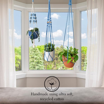 Set of 3 Macrame plant hangers with Daisies & Beads Hanging plant holder Macrame Plant hangers outdoor and indoor hanging planters Plant stand indoor Boho Decor hanging planter stand (Cloudy Day)