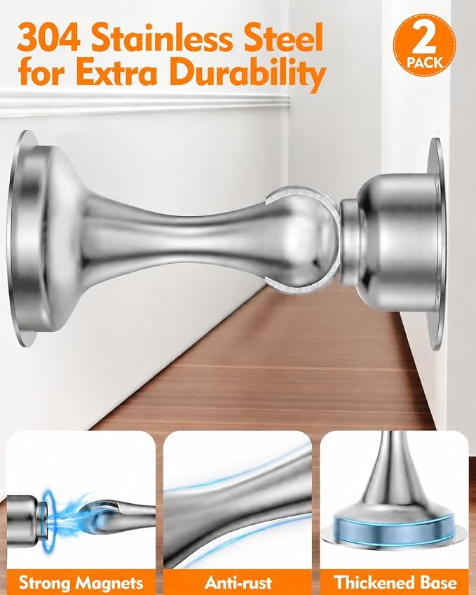 Door Stoppers Magnetic Door Catch, 2 Pack Stainless Steel Magnetic Door Stop, Double-Sided Adhesive Tape, No Drilling, Screws for Stronger Mount, Holder Your Door Open for Wide Doors
