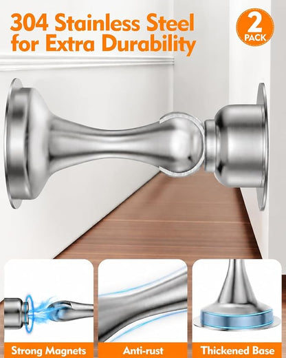 Door Stoppers Magnetic Door Catch, 2 Pack Stainless Steel Magnetic Door Stop, Double-Sided Adhesive Tape, No Drilling, Screws for Stronger Mount, Holder Your Door Open for Wide Doors