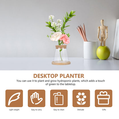 Ipetboom Hydroponic Glass Vase with Wooden Base and Brush, Ecological Bottle for Office Plant Propagation and Gardening Display, Glass Planter Terrarium for Indoor Home Décor