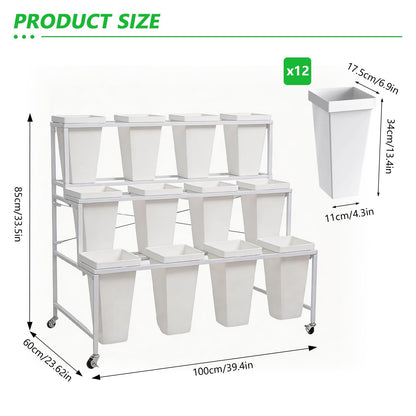 SXJHOPK Flower Display Stand with 12 Buckets, 3-Tier Rolling Plant Stand with Locking Wheels - Heavy Duty Metal Flower Cart for Indoor/Outdoor Use, Wedding Decor & Florist Displays