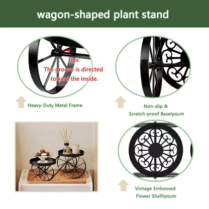 WELUKGUUD Metal Plant Stand Indoor Outdoor, 2-Tier Multi-Use Display Rack, Anti-Rust Iron Flower Pot Holder with Decorative Wagon Wheels, Home Decor for Corner, Patio, Bathroom (Black)